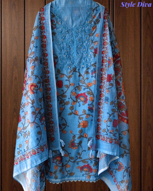 Linen Cotton Printed Un-Stitched Suit (3 Pc Set) with Neck Embroidery & Printed Dupatta