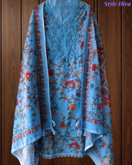 Linen Cotton Printed Un-Stitched Suit (3 Pc Set) with Neck Embroidery & Printed Dupatta