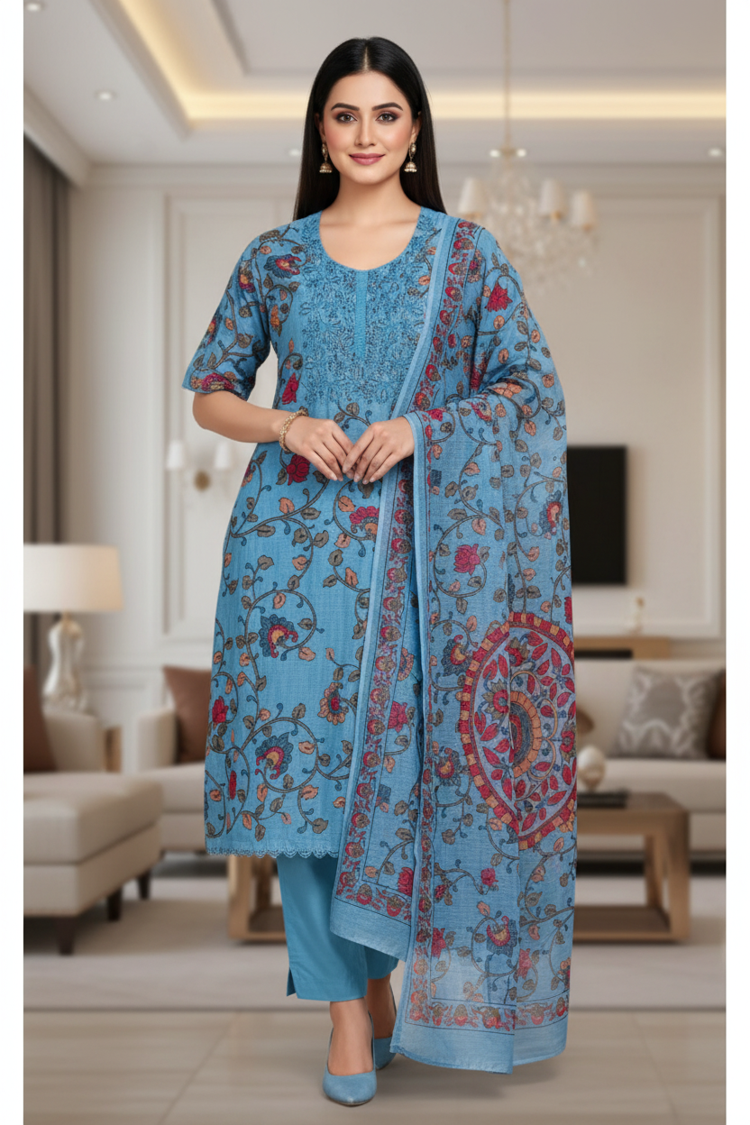 Linen Cotton Printed Un-Stitched Suit (3 Pc Set) with Neck Embroidery & Printed Dupatta