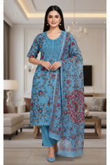 Linen Cotton Printed Un-Stitched Suit (3 Pc Set) with Neck Embroidery & Printed Dupatta