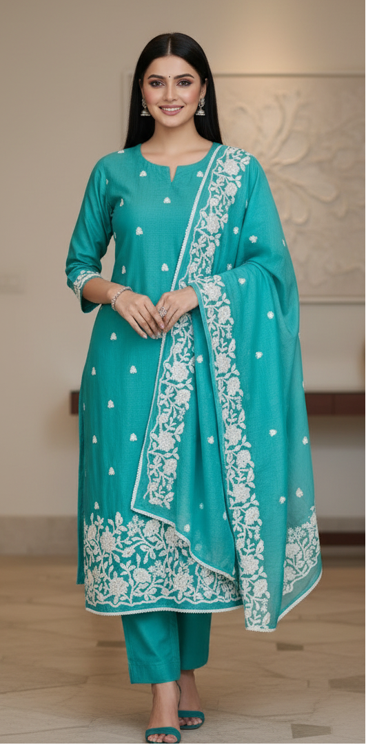Mul Cotton Overall Embroidered Un-Stitched Suit Set with Embroidered Dupatta & Crochet Lacing