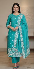 Mul Cotton Overall Embroidered Un-Stitched Suit Set with Embroidered Dupatta & Crochet Lacing