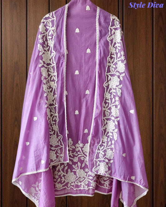 Mul Cotton Overall Embroidered Un-Stitched Suit Set with Embroidered Dupatta & Crochet Lacing