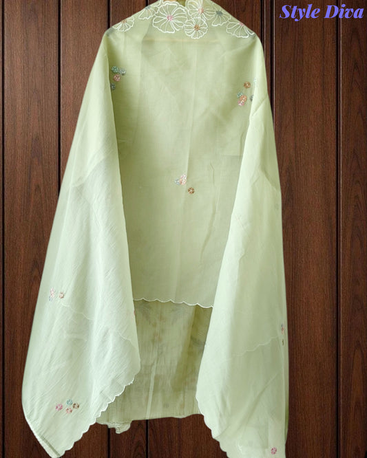 Mul Cotton Parsi Embroidered Un-Stitched Suit Set with Scalloped Embroidered Dupatta