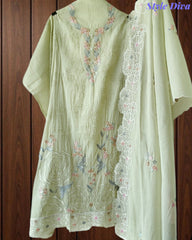 Mul Cotton Parsi Embroidered Un-Stitched Suit Set with Scalloped Embroidered Dupatta