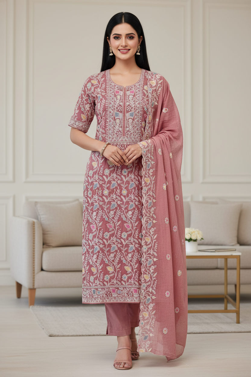 Mul Cotton Overall Embroidered Un-Stitched Suit With Designer Embroidery Dupatta