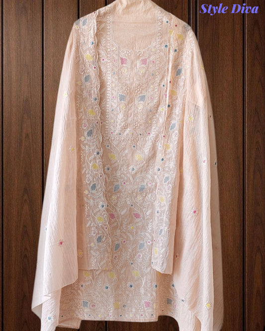 Mul Cotton Overall Embroidered Un-Stitched Suit With Designer Embroidery Dupatta