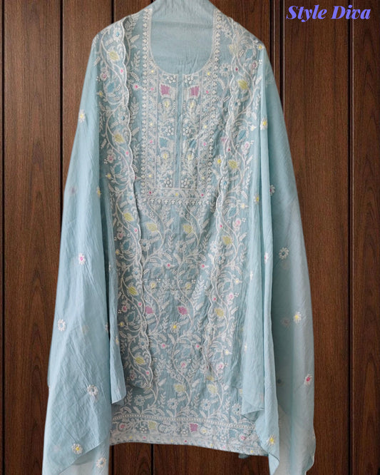 Mul Cotton Overall Embroidered Un-Stitched Suit With Designer Embroidery Dupatta