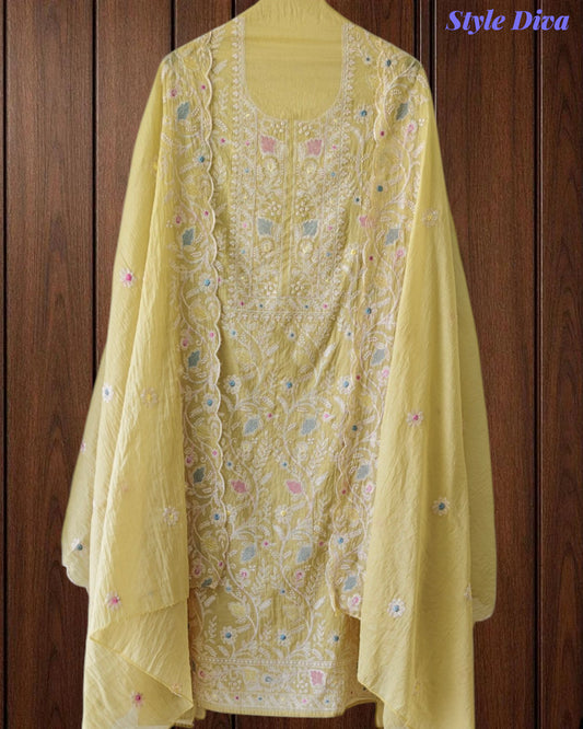 Mul Cotton Overall Embroidered Un-Stitched Suit With Designer Embroidery Dupatta