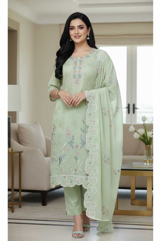 Mul Cotton Parsi Embroidered Un-Stitched Suit Set with Scalloped Embroidered Dupatta