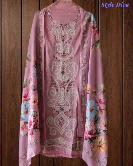 Mul Cotton Overall Laser Cut Embroidery Unstitched Suit with Designer Muslin Digital Print Dupatta