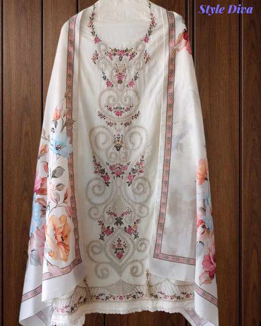 Mul Cotton Overall Laser Cut Embroidery Unstitched Suit with Designer Muslin Digital Print Dupatta