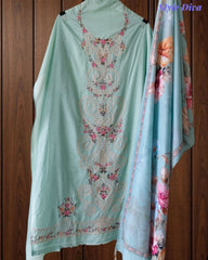 Mul Cotton Overall Laser Cut Embroidery Unstitched Suit with Designer Muslin Digital Print Dupatta