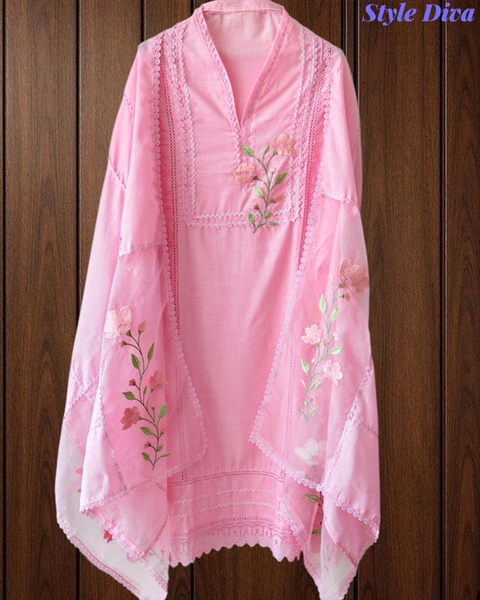 Cotton Khadi Pakistani Style Semi-Stitched Suit with Crochet Lacing Work