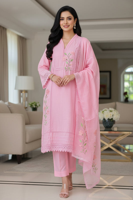 Cotton Khadi Pakistani Style Semi-Stitched Suit with Crochet Lacing Work
