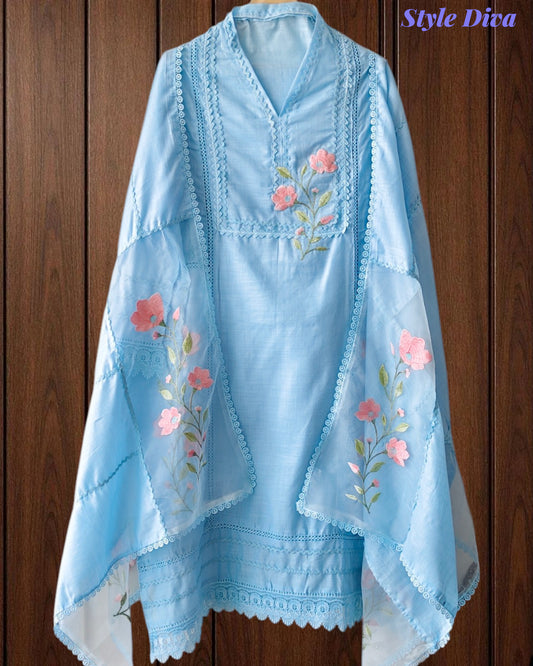 Cotton Khadi Pakistani Style Semi-Stitched Suit with Crochet Lacing Work