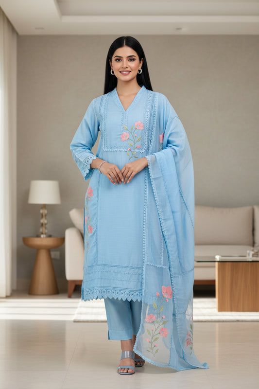 Cotton Khadi Pakistani Style Semi-Stitched Suit with Crochet Lacing Work