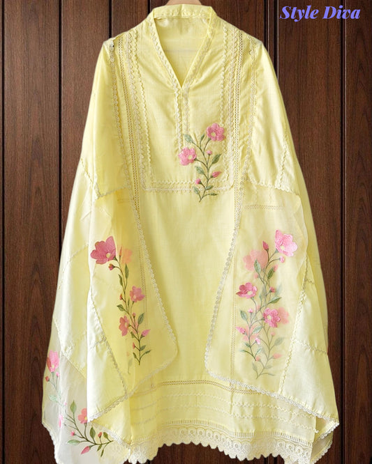 Cotton Khadi Pakistani Style Semi-Stitched Suit with Crochet Lacing Work