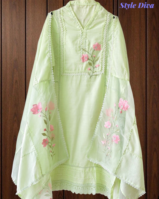 Cotton Khadi Pakistani Style Semi-Stitched Suit with Crochet Lacing Work
