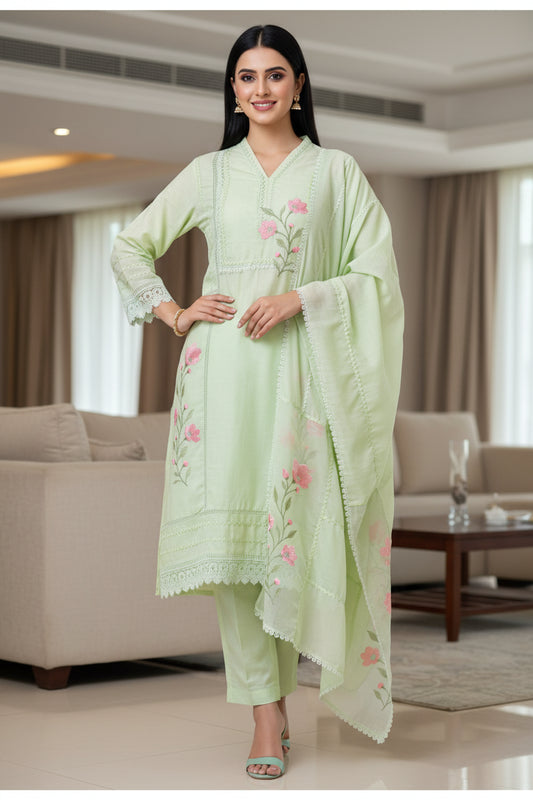 Cotton Khadi Pakistani Style Semi-Stitched Suit with Crochet Lacing Work