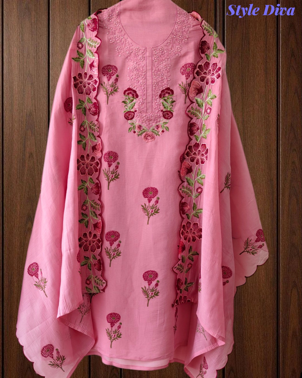 Mul Cotton Block Print Unstitched Suit with Neck Embroidery & Scalloped Embroidery Dupatta