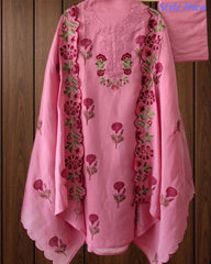 Mul Cotton Block Print Unstitched Suit with Neck Embroidery & Scalloped Embroidery Dupatta