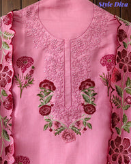 Mul Cotton Block Print Unstitched Suit with Neck Embroidery & Scalloped Embroidery Dupatta