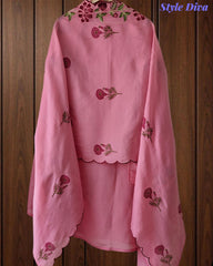 Mul Cotton Block Print Unstitched Suit with Neck Embroidery & Scalloped Embroidery Dupatta