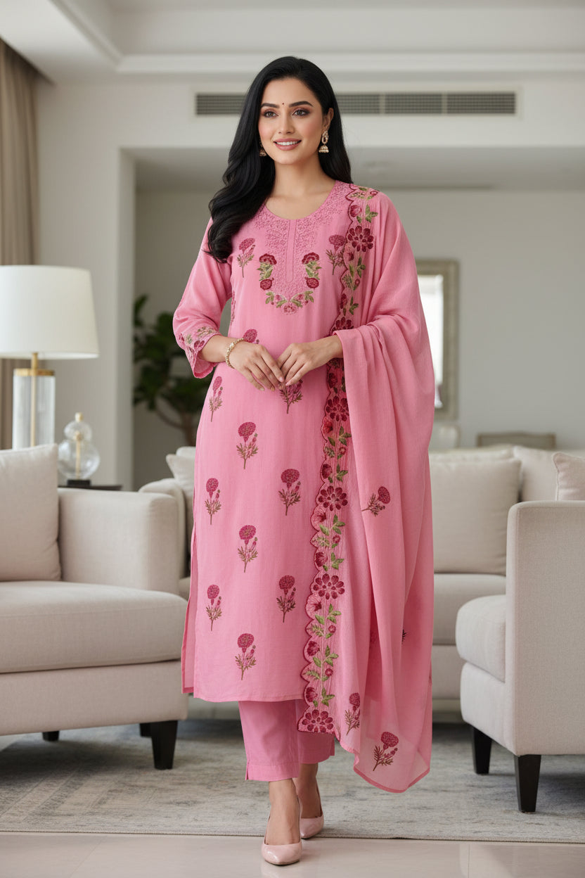Mul Cotton Block Print Unstitched Suit with Neck Embroidery & Scalloped Embroidery Dupatta