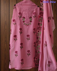 Mul Cotton Block Print Unstitched Suit with Neck Embroidery & Scalloped Embroidery Dupatta