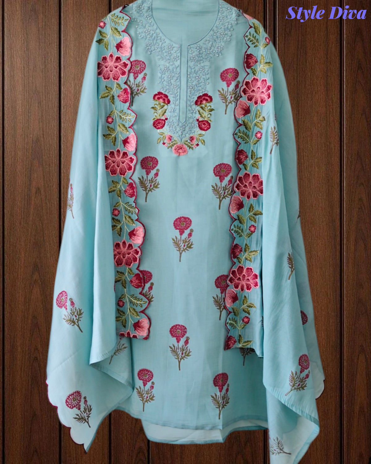 Mul Cotton Block Print Unstitched Suit with Neck Embroidery & Scalloped Embroidery Dupatta
