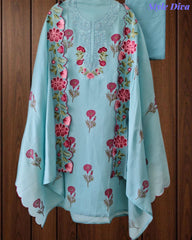 Mul Cotton Block Print Unstitched Suit with Neck Embroidery & Scalloped Embroidery Dupatta