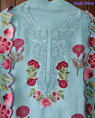 Mul Cotton Block Print Unstitched Suit with Neck Embroidery & Scalloped Embroidery Dupatta