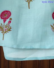 Mul Cotton Block Print Unstitched Suit with Neck Embroidery & Scalloped Embroidery Dupatta
