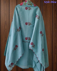 Mul Cotton Block Print Unstitched Suit with Neck Embroidery & Scalloped Embroidery Dupatta