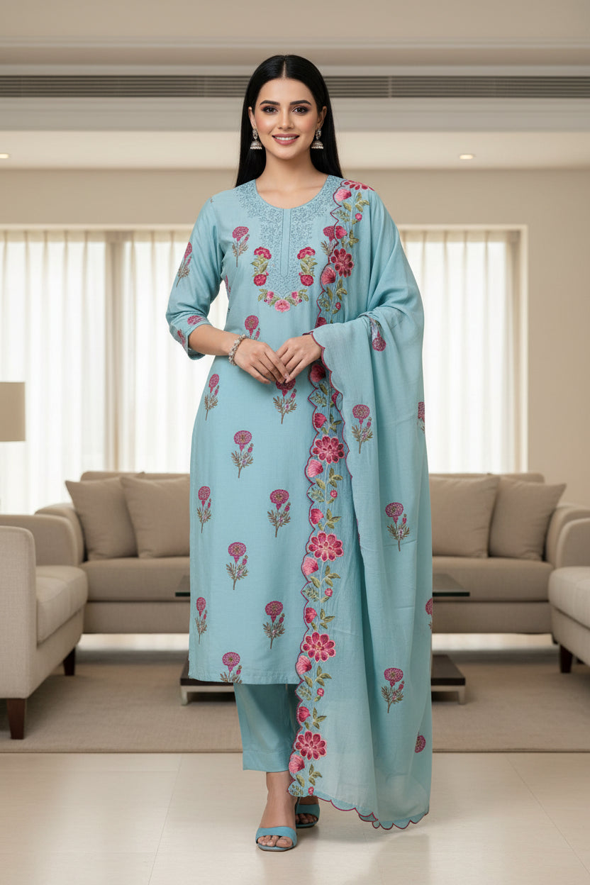 Mul Cotton Block Print Unstitched Suit with Neck Embroidery & Scalloped Embroidery Dupatta