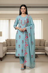 Mul Cotton Block Print Unstitched Suit with Neck Embroidery & Scalloped Embroidery Dupatta