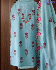 Mul Cotton Block Print Unstitched Suit with Neck Embroidery & Scalloped Embroidery Dupatta