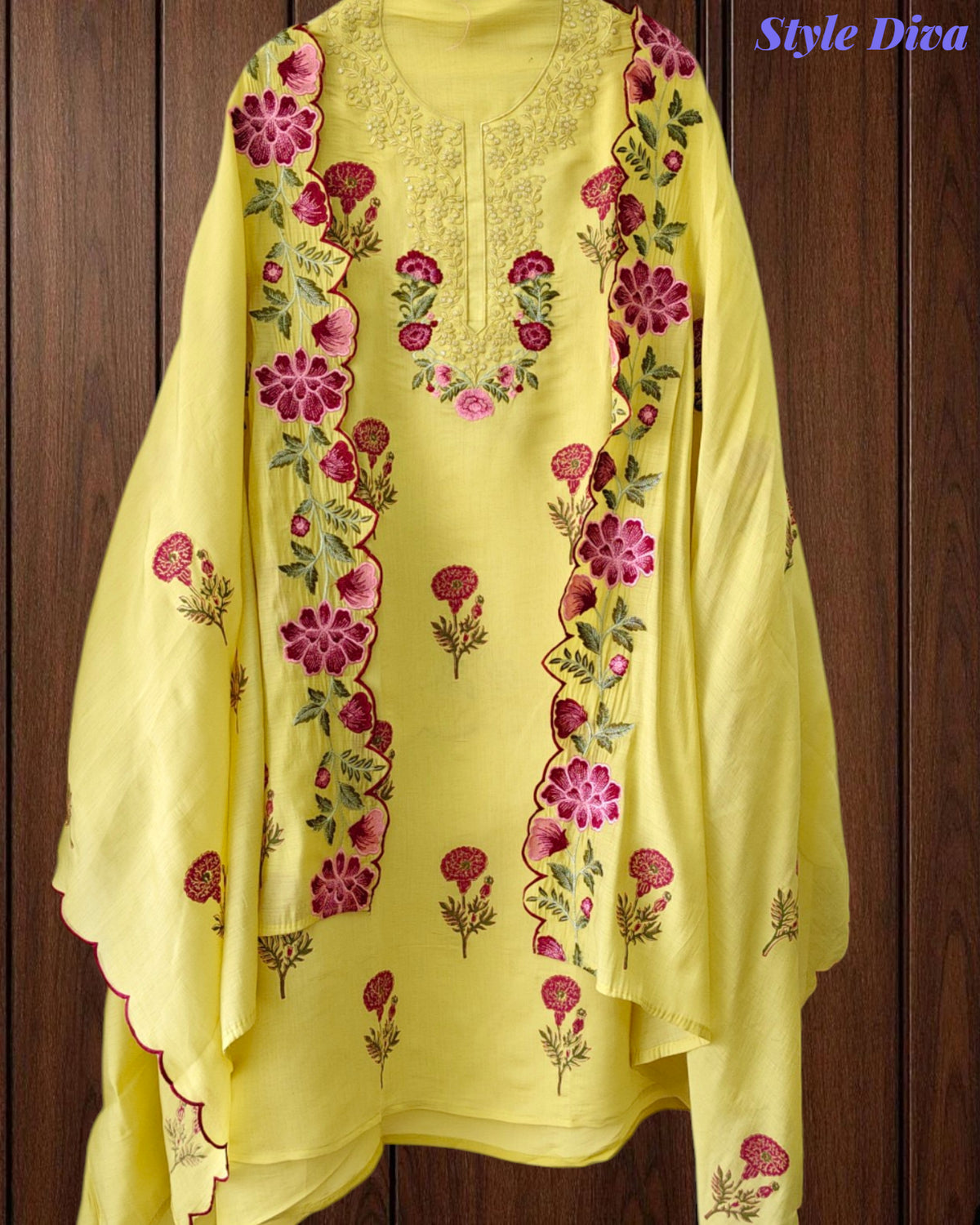 Mul Cotton Block Print Unstitched Suit with Neck Embroidery & Scalloped Embroidery Dupatta
