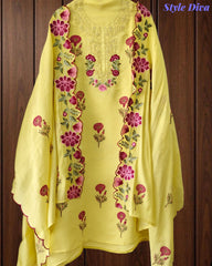 Mul Cotton Block Print Unstitched Suit with Neck Embroidery & Scalloped Embroidery Dupatta
