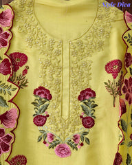 Mul Cotton Block Print Unstitched Suit with Neck Embroidery & Scalloped Embroidery Dupatta