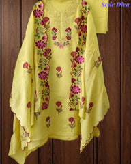 Mul Cotton Block Print Unstitched Suit with Neck Embroidery & Scalloped Embroidery Dupatta
