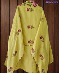 Mul Cotton Block Print Unstitched Suit with Neck Embroidery & Scalloped Embroidery Dupatta