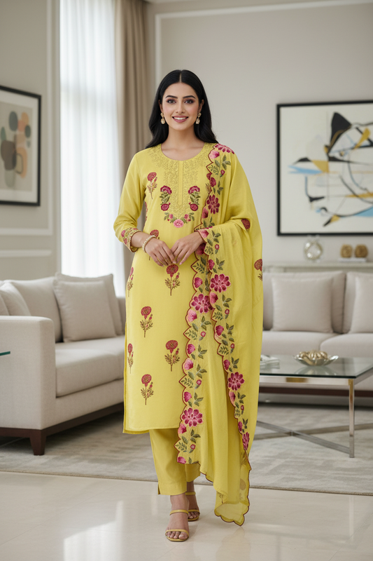 Mul Cotton Block Print Unstitched Suit with Neck Embroidery & Scalloped Embroidery Dupatta