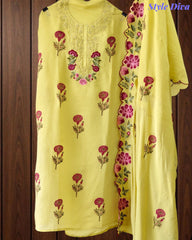 Mul Cotton Block Print Unstitched Suit with Neck Embroidery & Scalloped Embroidery Dupatta