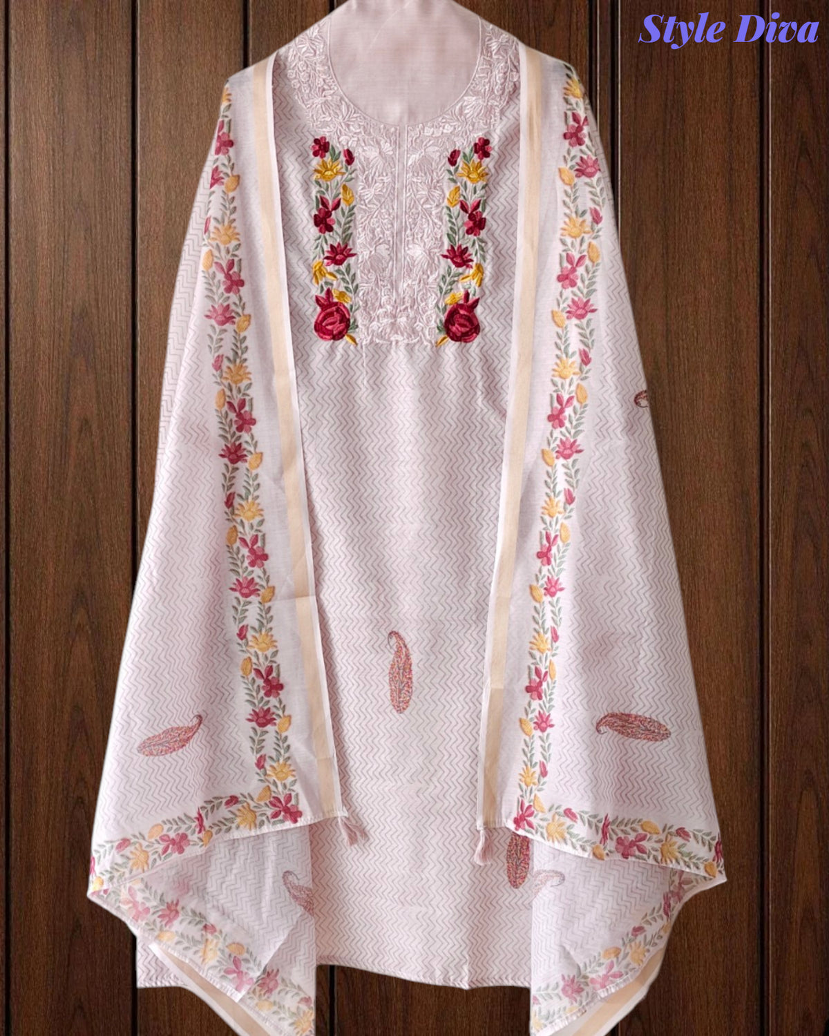 Mul Cotton Printed Unstitched Suit with Neck Embroidery & Digital Print Dupatta