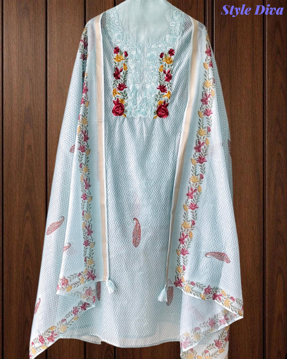 Mul Cotton Printed Unstitched Suit with Neck Embroidery & Digital Print Dupatta