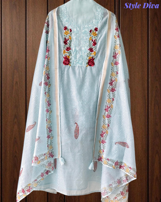 Mul Cotton Printed Unstitched Suit with Neck Embroidery & Digital Print Dupatta