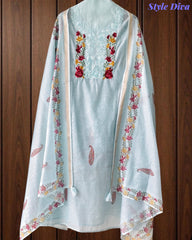 Mul Cotton Printed Unstitched Suit with Neck Embroidery & Digital Print Dupatta