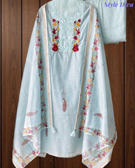 Mul Cotton Printed Unstitched Suit with Neck Embroidery & Digital Print Dupatta